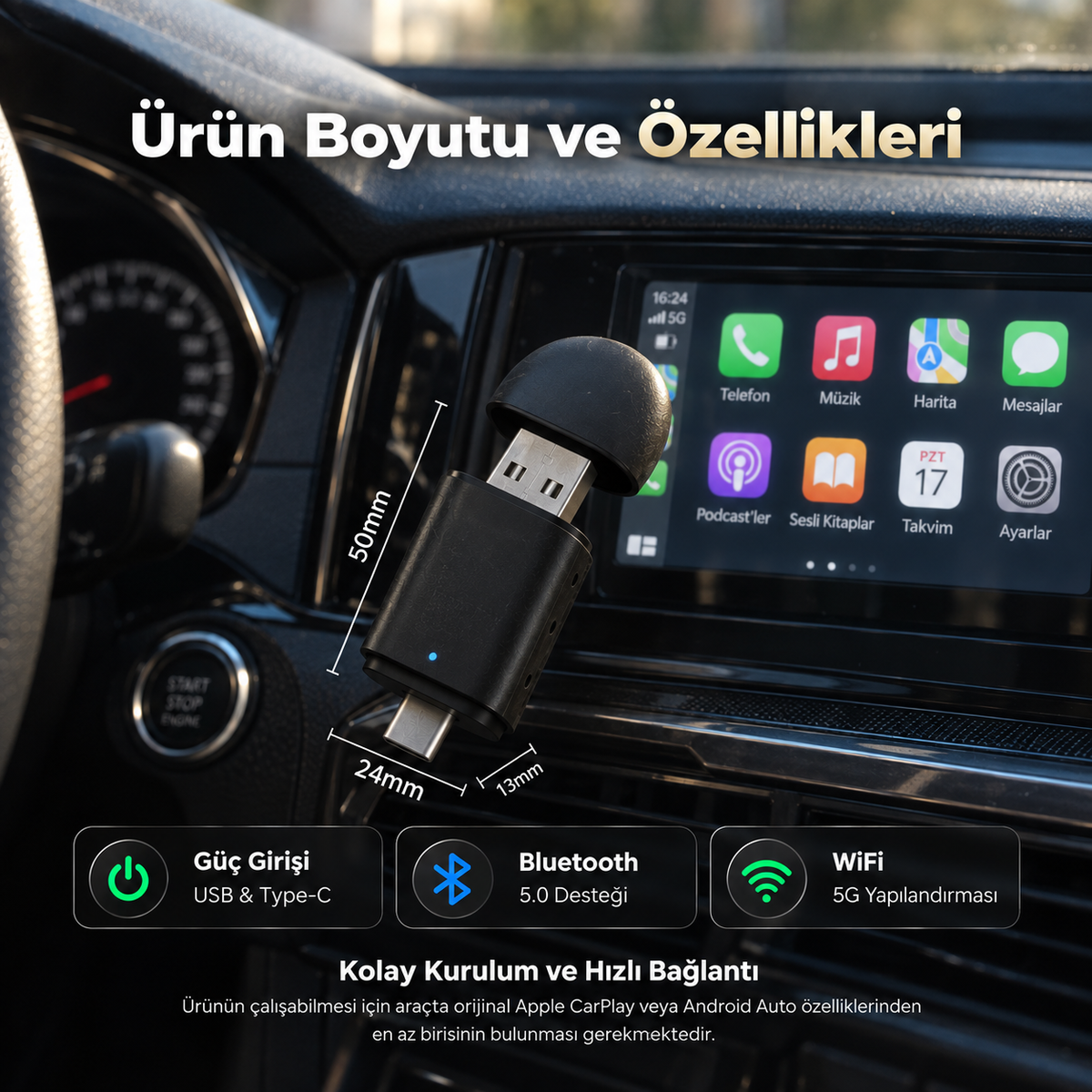 Kablolu'dan Kablosuza CarPlay Aksesuarı – Kablosuz Bağlantı ve Uygulama Erişimi™