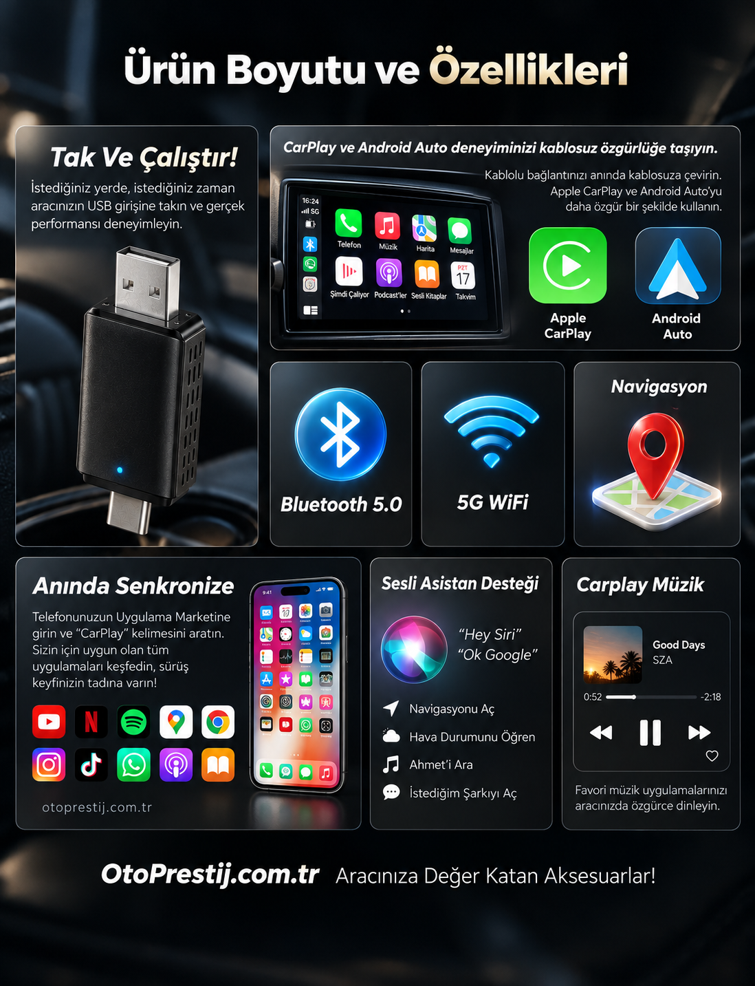 Kablolu'dan Kablosuza CarPlay Aksesuarı – Kablosuz Bağlantı ve Uygulama Erişimi™